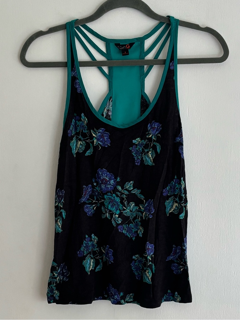 G by Guess Black Tank Top with Teal and Blue Floral Print